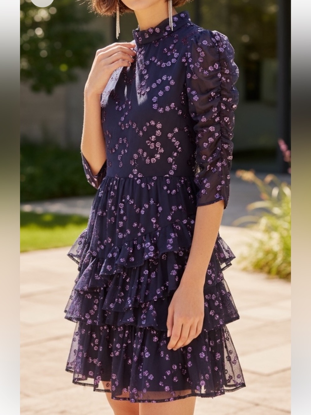Rebecca Taylor Silk Dress Navy with Metallic Purple Polka Dots Size 4